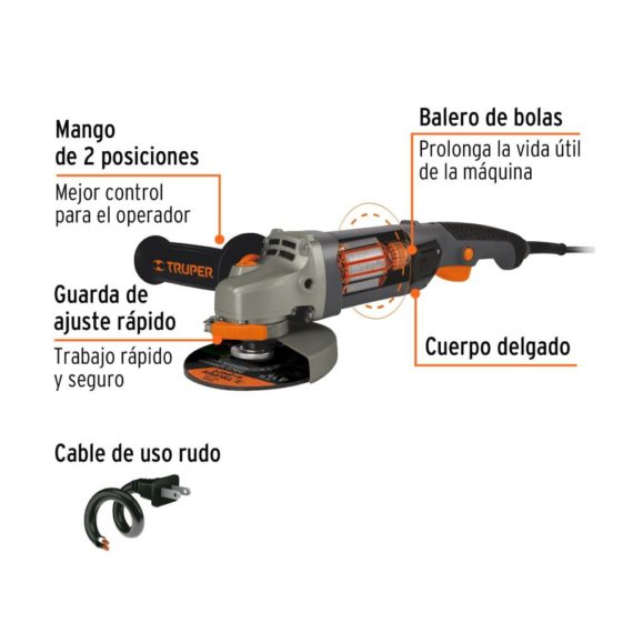 ESMERILADORA ANGULAR 4-1/2" 1250W INDUSTRIAL. TRUPER